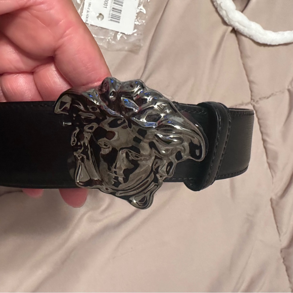 Black leather Versace Medusa head belt